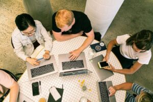 birds eye view of people on computers